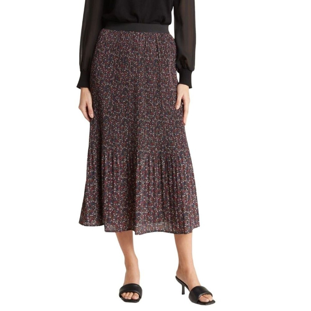 Adrianna Papell Pleated Georgette Skirt Office Date Black Blush Ditsy Dot Small‎
